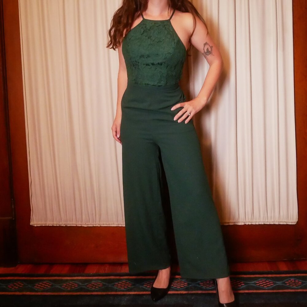 Emerald Green Halter Lace Jumpsuit